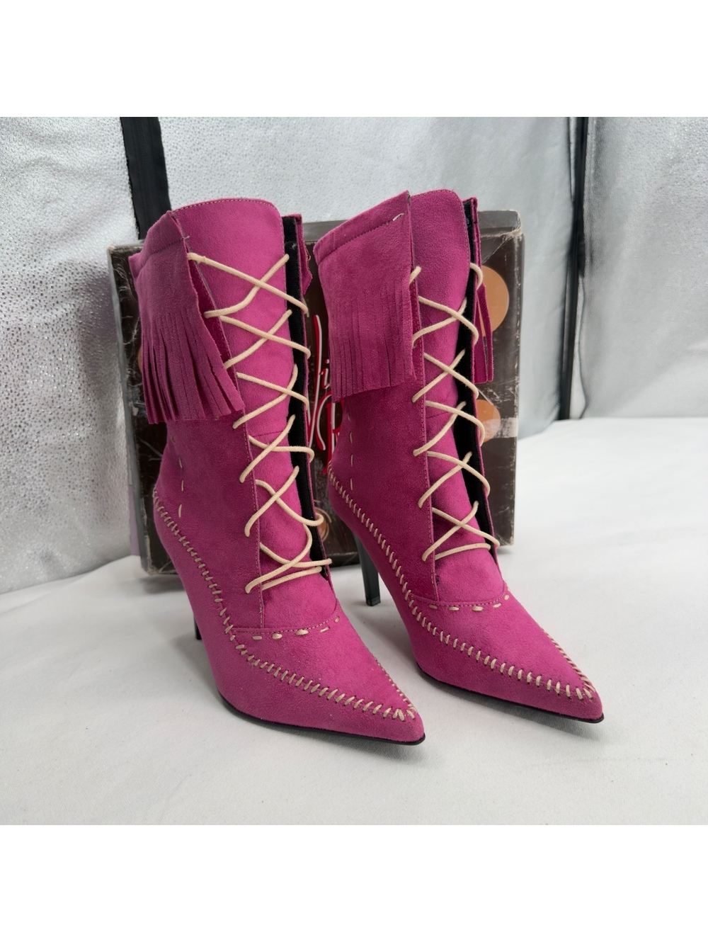 NWT Y2K Wild Rose Pink Suede Fringe Lace Up Sporty Pointed Stiletto Boots 8.5
